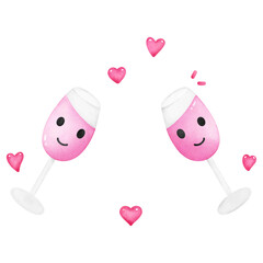 Cute Champagne Glasses with Hearts watercolor illustration.