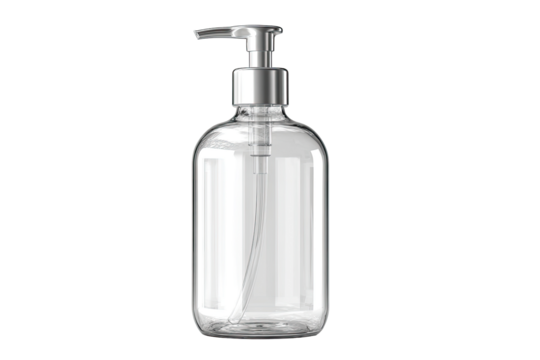 Clear, oval-shaped plastic pump bottle with a chrome-colored top.  Transparent dispenser for liquid soap or hand sanitizer.  Simple, modern design