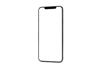 Modern sleek silver smartphone with prominent camera notch and blank transparent screen, standing upright on a clean bright white background with subtle reflection and copy space, modern simplicity