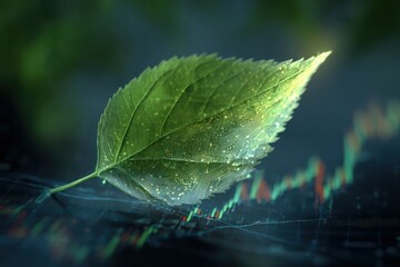Obraz premium Green leaf with circuit patterns on financial chart for eco-tech startups, green finance, ESG initiatives, sustainable innovation