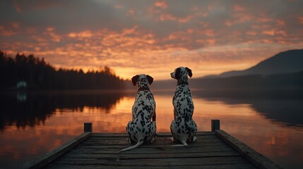 Two dalmatians sitting on wooden pier at sunset, orange and pink sky reflected in calm lake water, cinematic photography style, sharp focus, ultra high detail, vibrant warm tones


