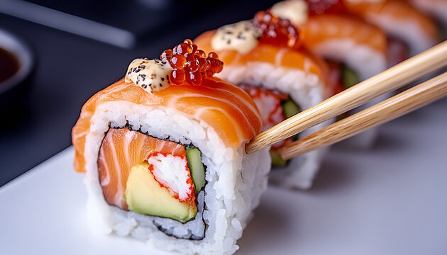 A close-up of chopsticks holding a fresh salmon uramaki sushi roll with crab, avocado, and red roe. - Powered by Adobe
