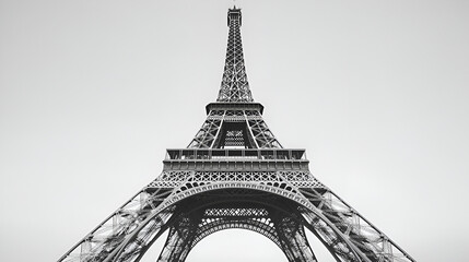 A majestic low-angle, black and white view of the Eiffel Tower in Paris, France.