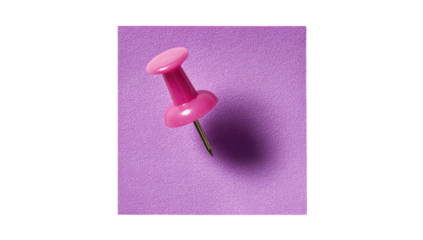 Close-up of a single pink pushpin on a vibrant purple surface.  The pin's round head and slender point are sharply defined, casting a subtle shadow