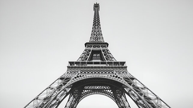 A majestic low-angle, black and white view of the Eiffel Tower in Paris, France. - Powered by Adobe