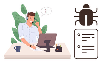 Man at desk with PC and headset solving tech issue, bug icon nearby. Ideal for tech support, troubleshooting, customer care, IT service, communication, professionalism, simple flat metaphor