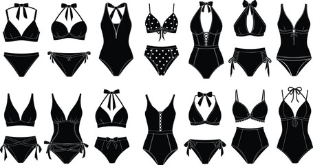 CAD drawing of women’s swimwear, flat vector illustration, bikini designs, one-piece styles, fashion sketch, garment dress, swimsuit template