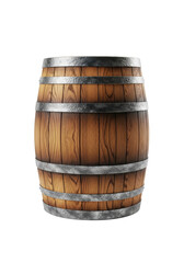 Upright rustic dark oak wooden barrel with visible wood grain and robust textured metal hoops, on a transparent background with no shadows, studio lighting. Concept of industrial aesthetics