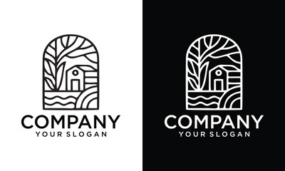 Creative Vector farm house icon template. Linear organic farming symbol illustration with field, sun, rays. Natural food logo background for healthy fresh eco products, farmers market in circle form © alfi