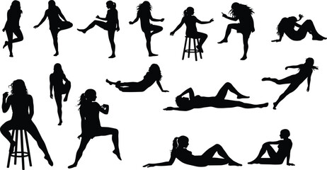 Silhouette, women, poses, sitting, standing, dancing, relaxing, stretching, figure, posture, movement, art