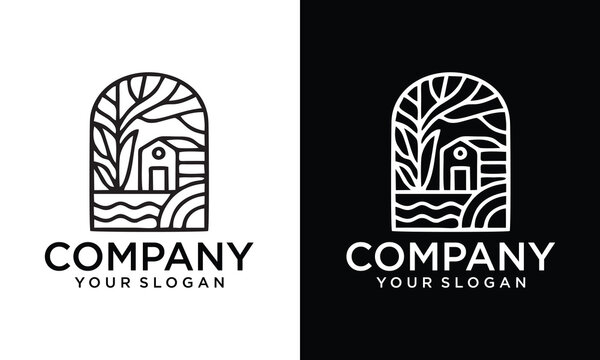 Creative Vector farm house icon template. Linear organic farming symbol illustration with field, sun, rays. Natural food logo background for healthy fresh eco products, farmers market in circle form