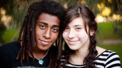 Multiethnic couple sharing a warm moment, natural background blurred with soft side light.