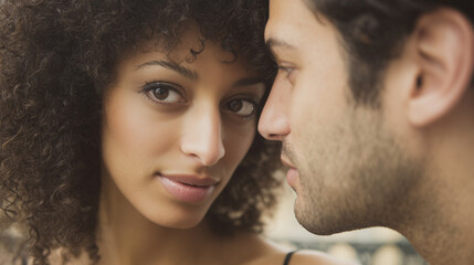 Obraz premium Multiethnic couple sharing a warm moment, natural background blurred with soft side light.