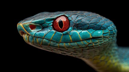 Fototapeta premium A striking close-up captures the intense gaze of a blue snake, highlighting the intricate texture of its scales and the fiery red of its eye, evoking a sense of primal beauty and quiet power.