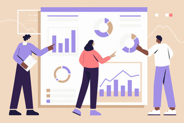 Team analyzing data and charts on a large screen