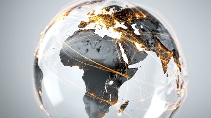Glass globe with golden interconnected lines symbolizing global networks, international business marketing and travel campaigns

