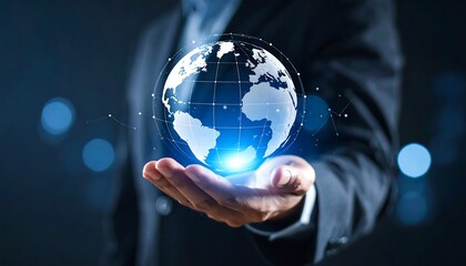 Businessman holding a holographic globe (1)