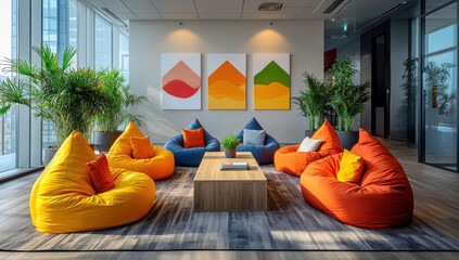 Comfortable beanbag chairs create a relaxed atmosphere in a modern office break room, encouraging collaboration and downtime