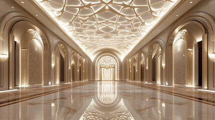 Fototapeta premium Gold and white architectural hallway shimmers with light. Creates a bright, ornate backdrop for event staging, product display, and interior design projects.