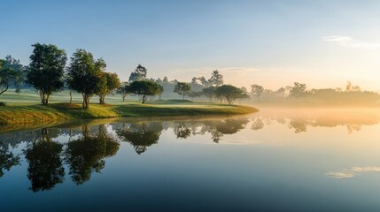 Obraz premium Serene Morning Landscape with Mist over Calm Water and Reflections of Trees in a Peaceful Golf Course Setting