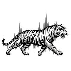 Obraz premium A striking graphic illustration of a tiger integrated with a dynamic sound wave pattern, ideal for modern designs with themes of power and sound.