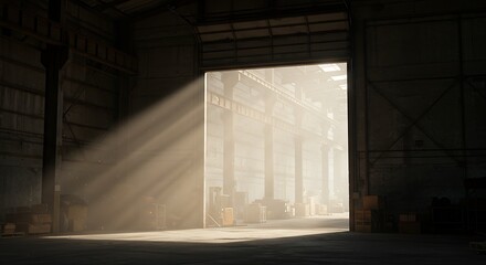 Sunbeams illuminating a dusty industrial warehouse interior
