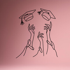 Graduation Hats Tossed in Air on Pink Background and Celebration of Academic Success