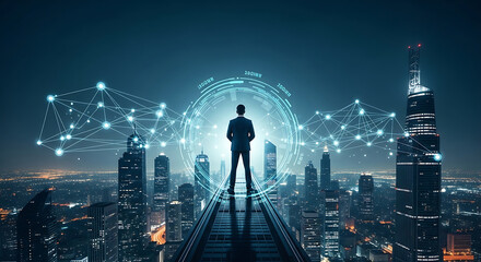 Businessman Silhouette on Rooftop Overlooking City with Digital Network