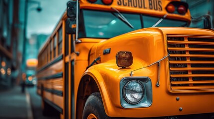 A close-up view of a bright yellow school bus parked on an urban street, showcasing its distinctive features and design.