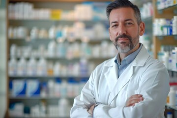 Fototapeta premium Confident pharmacist posing with crossed arms in his pharmacy
