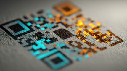 A close-up view of a colorful QR code on a textured surface, showcasing intricate details and vibrant hues.