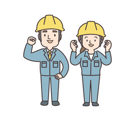作業服を着てガッツポーズをする男女のイラスト