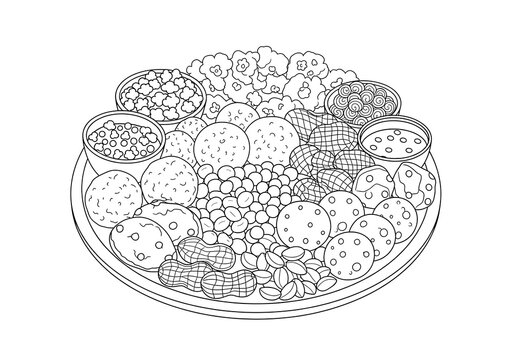 black and white food platter, various snacks clip art preview