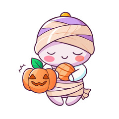 Cute mummy holding a pumpkin isolated on white background for halloween
