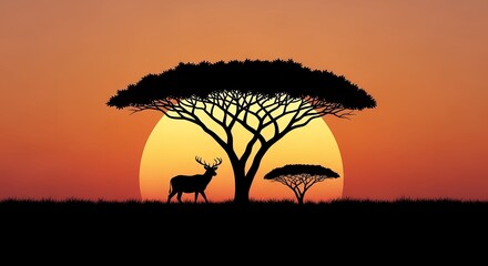 African Safari Sunset with Deer and Acacia Tree Silhouettes