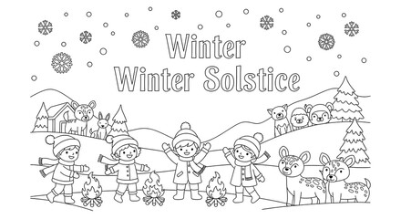 Fototapeta premium Joyful Children and Animals Celebrate Winter Solstice: Line Art Coloring Page