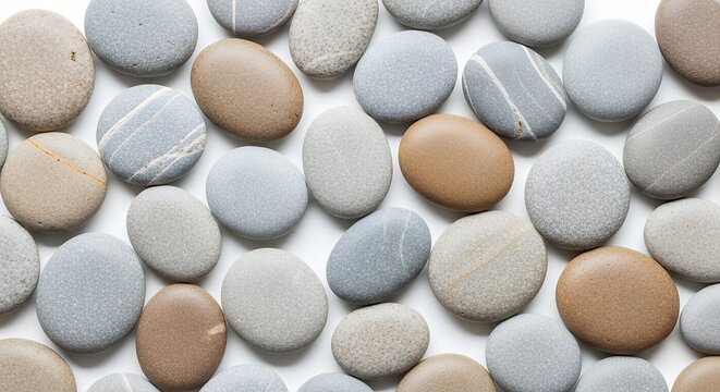 Smooth, varied natural pebbles and stones in grey and brown shades on a white background