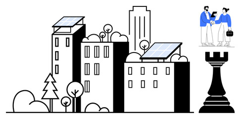 Urban scene with solar-paneled buildings, trees, and skyscrapers. Figures shaking hands imply teamwork, paired with a chess rook symbolizing strategy. Ideal for sustainability, teamwork, planning