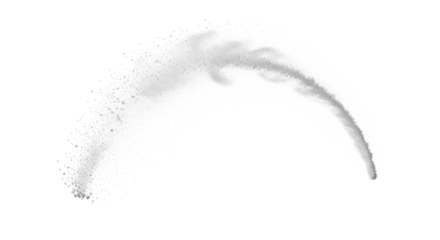 Dynamic wave of transparent powder, like sugar or salt, forming a graceful suspended arc with scattered particles, isolated against a transparent studio background, no shadows, macro lens effect,
