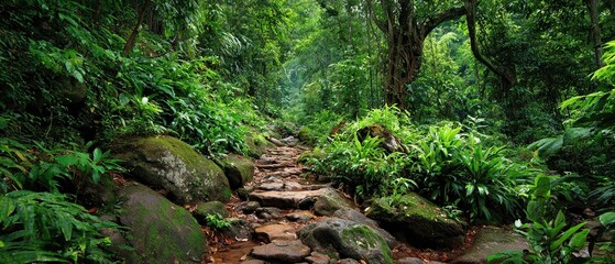 Naklejka premium Lush Green Jungle Path Surrounded by Vibrant Tropical Foliage and Majestic Trees in a Serene Natural Environment