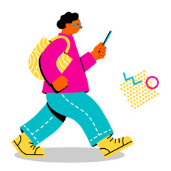 Pop and colorful illustration of a young man walking while looking at his phone