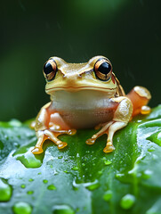 Gold frog sits on wet green leaf. Macro animal photography, education, poster.