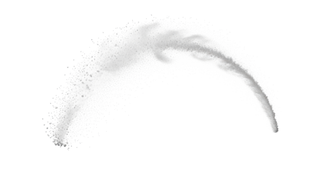 Dynamic wave of transparent powder, like sugar or salt, forming a graceful suspended arc with scattered particles, isolated against a transparent studio background, no shadows, macro lens effect,