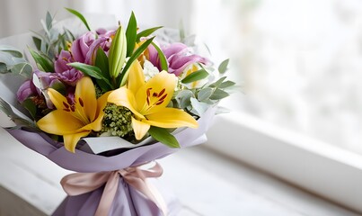 bouquet featuring fresh lilies in full bloom, mixed with soft greenery and accent flowers, wrapped in elegant paper with a satin ribbon