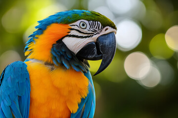 Fototapeta premium Blue and gold macaw shows vibrant plumage with smooth bokeh. Suitable for wildlife posters, bird photography, exotic pet branding.