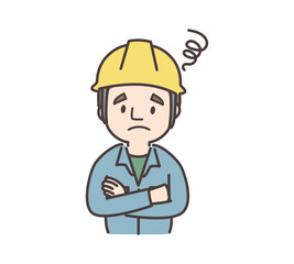 悩む作業服姿の男性のイラスト