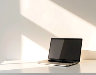 Fototapeta premium Laptop on a Bright White Table Under Sunlight in a Modern Workspace