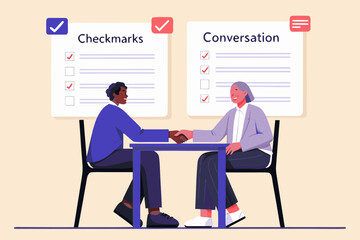 Two people shaking hands with checklists for checkmarks and conversation