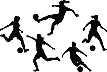 Female soccer player silhouette set, women football vector, sports action poses, kicking ball illustration, athletic movement, sport clipart, dynamic football players design