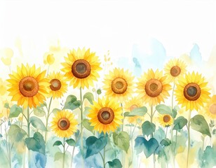 Obraz premium 夏空とひまわり畑を描いた水彩画